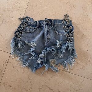 Distressed Denim Shorts with Chain Detail